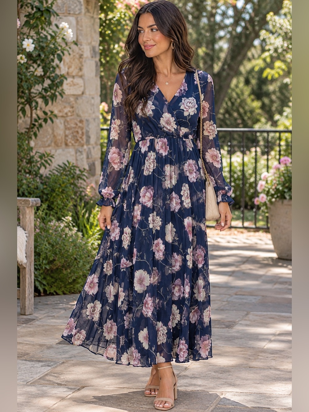 Indigo Rose Floral Maxi Dress in Blue & Pink Size Medium